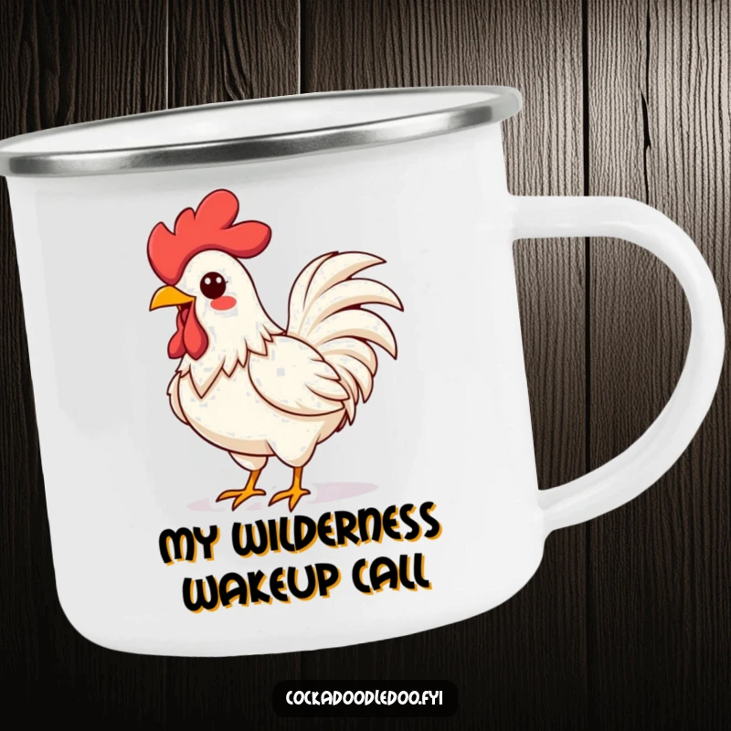 Funny Kawaii Rooster Camping Mug: Vibrant, energetic rooster crowing, perfect for outdoor humor and morning coffee.