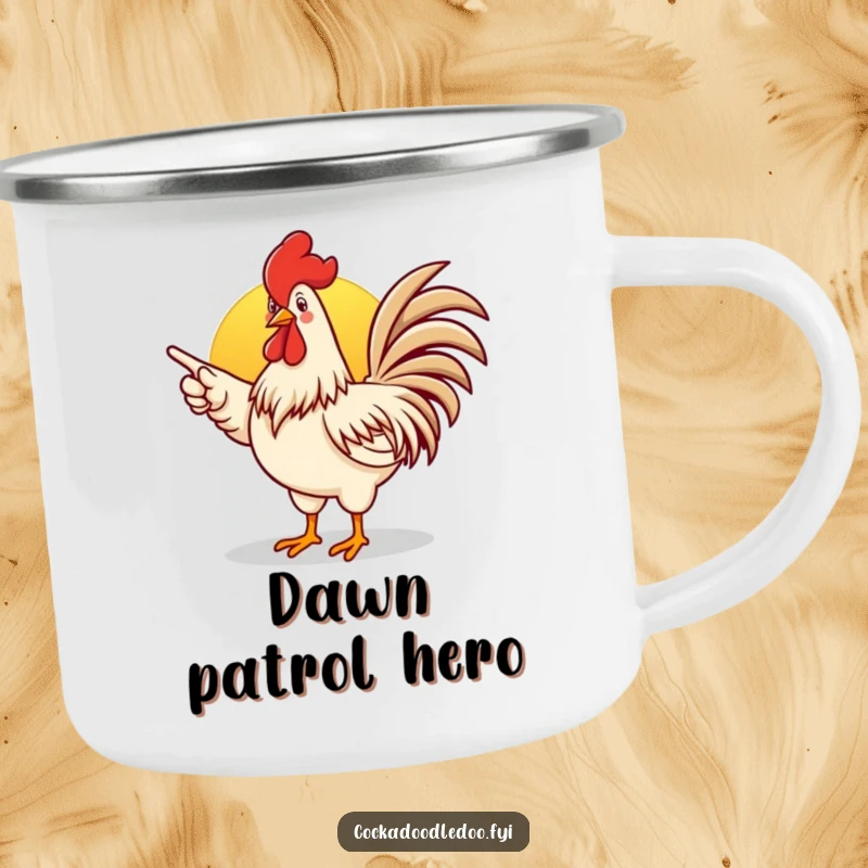 Funny rooster camping mug with an enthusiastic rooster pointing towards a sunrise, built for outdoors.
