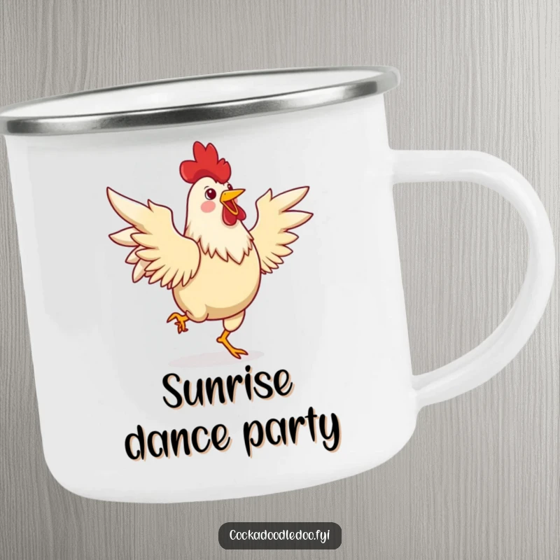 Funny camping mug featuring a joyful rooster dancing a lively jig with its wings spread, perfect for outdoor celebrations and warm drinks.