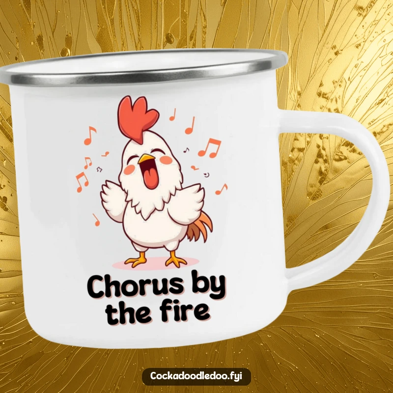 Funny rooster camping mug with a character singing loudly with a beaming smile, surrounded by musical notes, perfect for rugged, musical use.