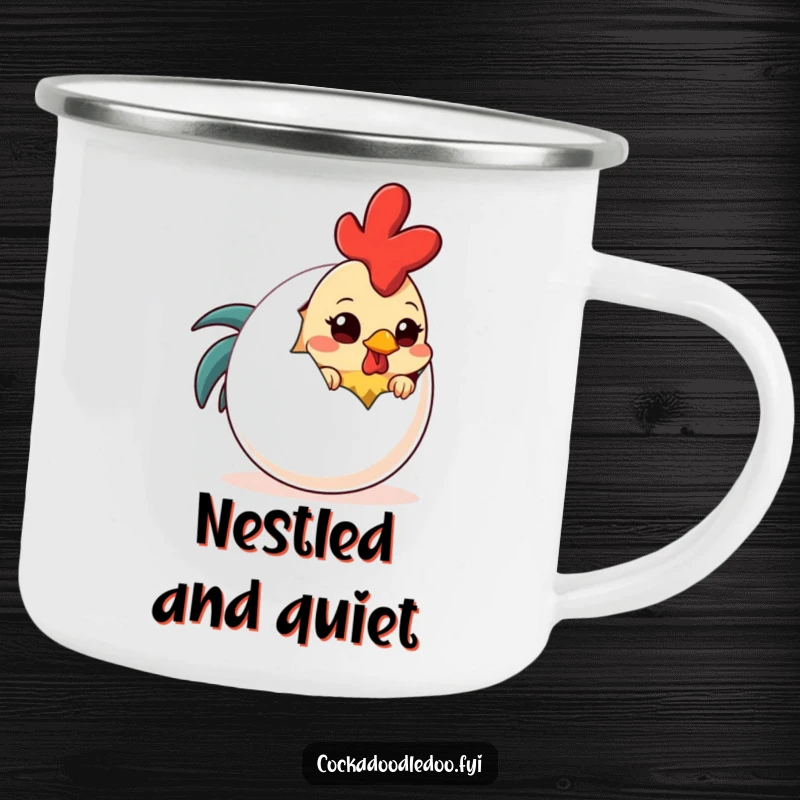 Funny Shy Rooster Egg Camping Mug: An enamel mug with a shy rooster peeking from behind a large egg, perfect for camping.
