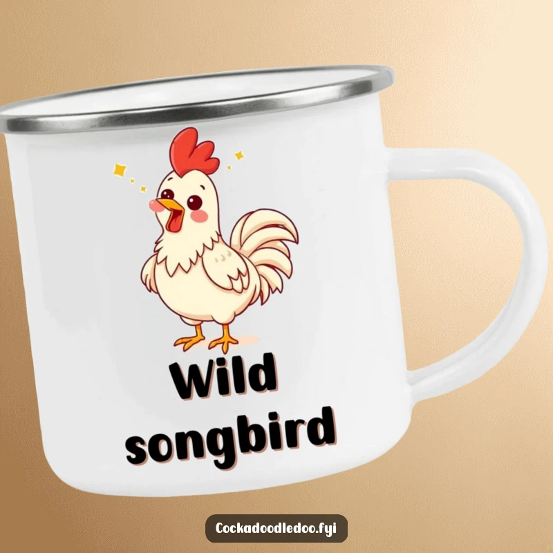 Funny rooster camping mug with a rooster performing a comical, loud song with its head thrown back.