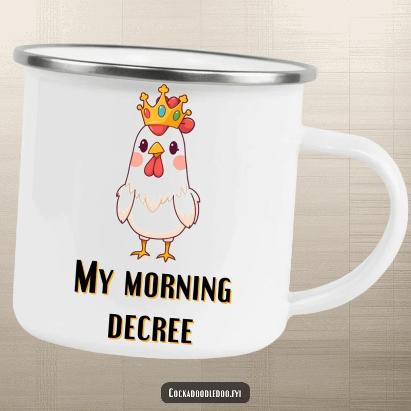 Funny enamel camping mug featuring a rooster wearing a small crown, exuding comical royalty in the wilderness.