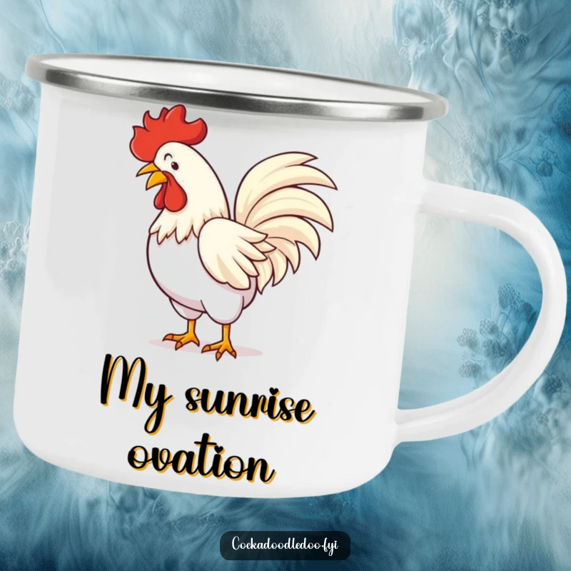Funny enamel camping mug with a rooster in a flamboyant bow, tail feathers fanned, designed for outdoor enthusiasts.