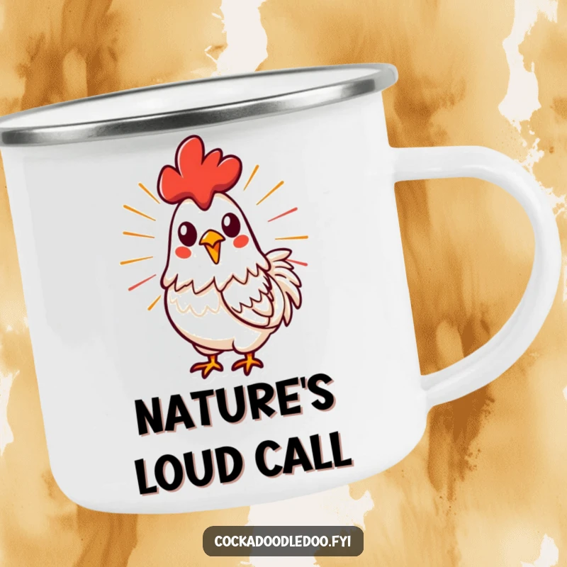 Funny, stylized rooster crowing with energetic lines on a sturdy camping mug, perfect for fueling outdoor adventures with power.