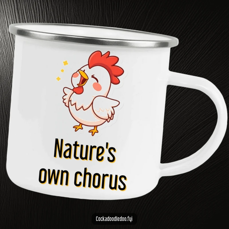 Funny camping mug illustrating a rooster wholeheartedly singing, bringing a touch of musical merriment to outdoor adventures.