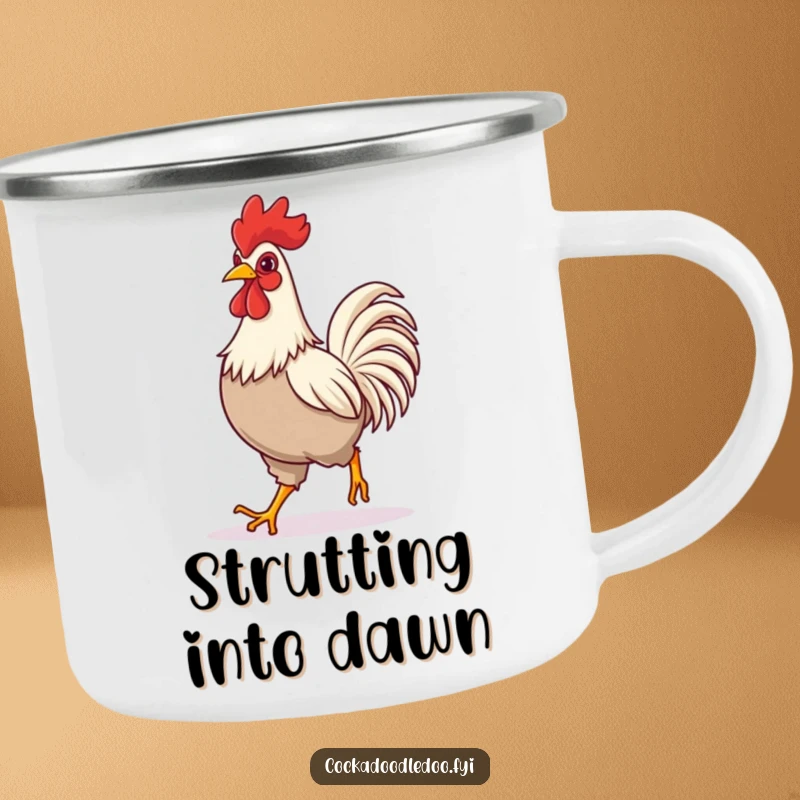 Funny camping mug with a rooster confidently striding, designed for outdoor use and bringing a humorous, cheerful vibe.