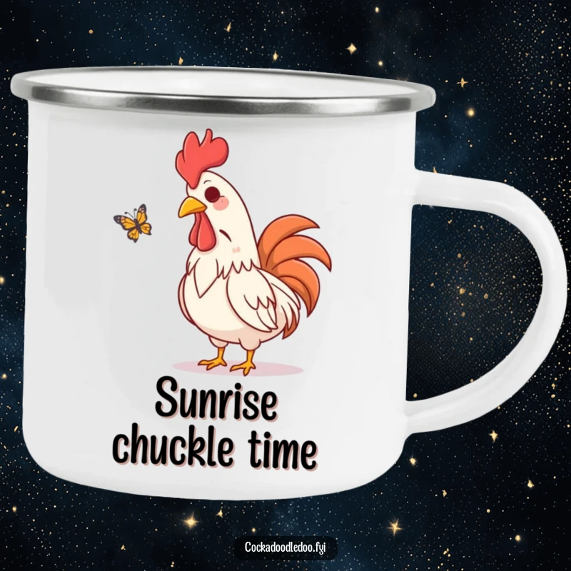 Funny camping mug showing an amused rooster character visually chuckling while watching a butterfly flutter by, perfect for outdoor enjoyment.