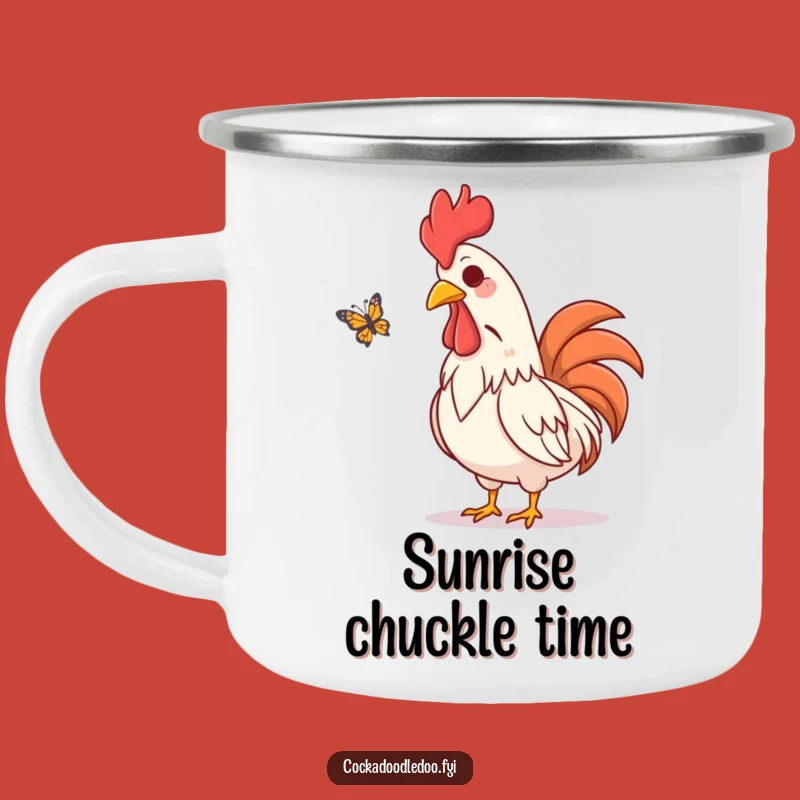 Funny Rooster Camping Mug: Outdoor Amusement and Butterflies