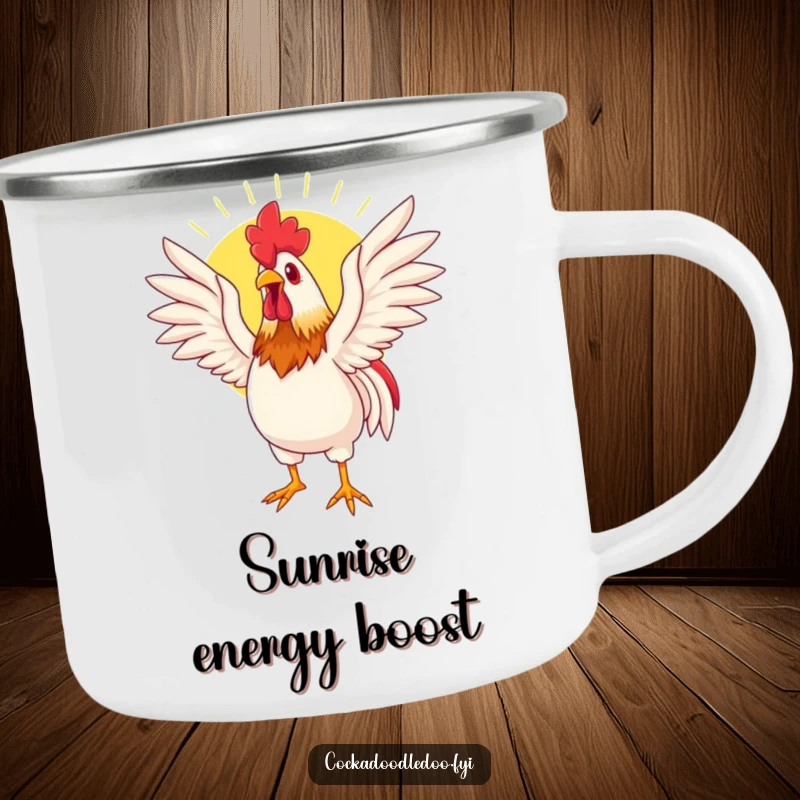Funny camping mug depicting a rooster stretching its wings in the sun, ideal for enjoying morning brews with serene vibes.