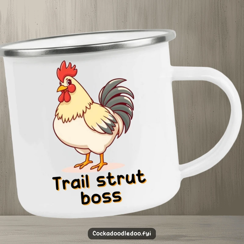 Funny camping mug featuring a rooster happily strutting with its chest puffed out, perfect for enjoying beverages during outdoor adventures.