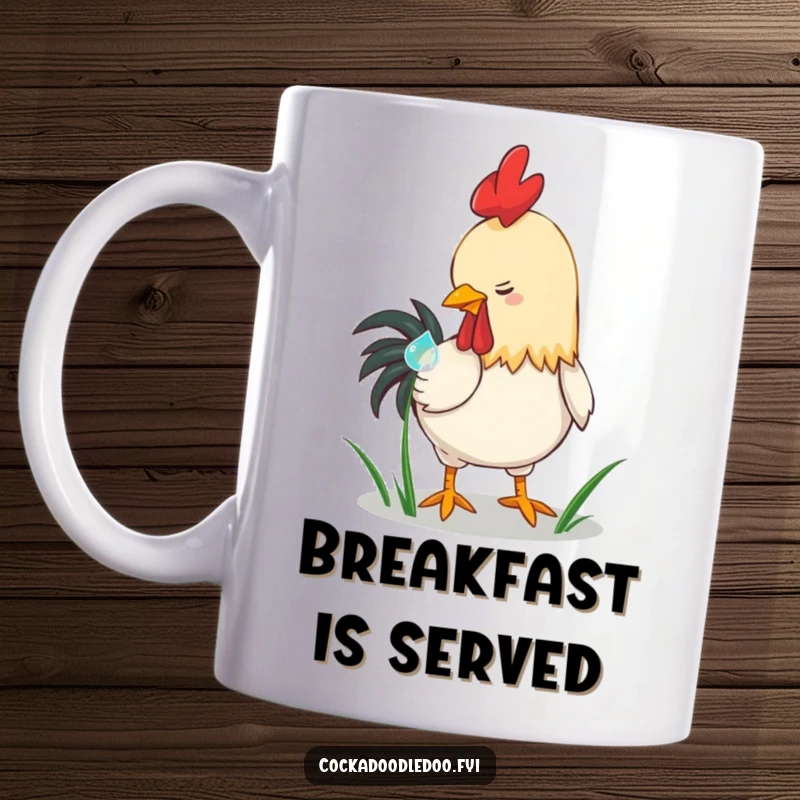 Funny playful rooster mug, pecking at a shiny dewdrop on grass. A charming and humorous design for nature enthusiasts, a great gift.