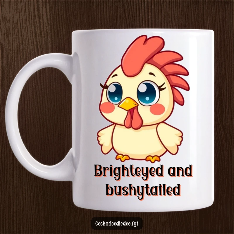 Funny Kawaii Rooster Mug featuring a cute bird with big, bright eyes, beaming with infectious morning cheerfulness and happiness.