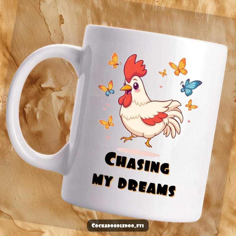 Funny Kawaii mug featuring a playful rooster character with a big grin, joyfully chasing colorful butterflies.