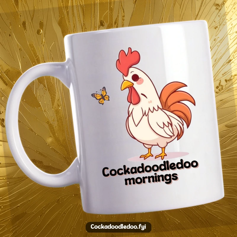 Funny mug showing an amused rooster character visually chuckling while watching a colorful butterfly flutter gracefully by.