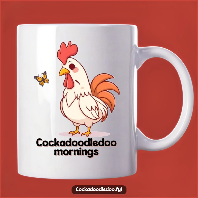 Funny Rooster Mug: Amused Watcher of Butterfly's Flutter
