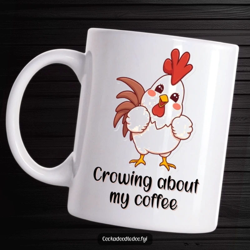 Funny mug showcasing a proud rooster character puffing out its chest and crowing enthusiastically with a wide, confident smile, exuding morning cheer.