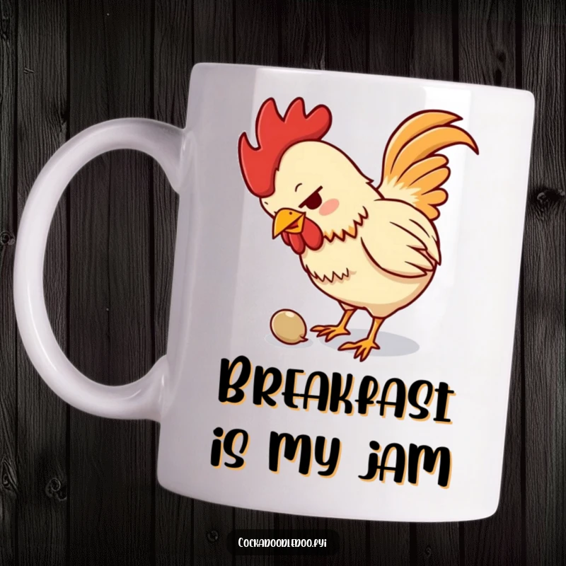 Funny mug showing a tiny, focused rooster pecking with all its might at a minuscule seed, exuding intense determination.