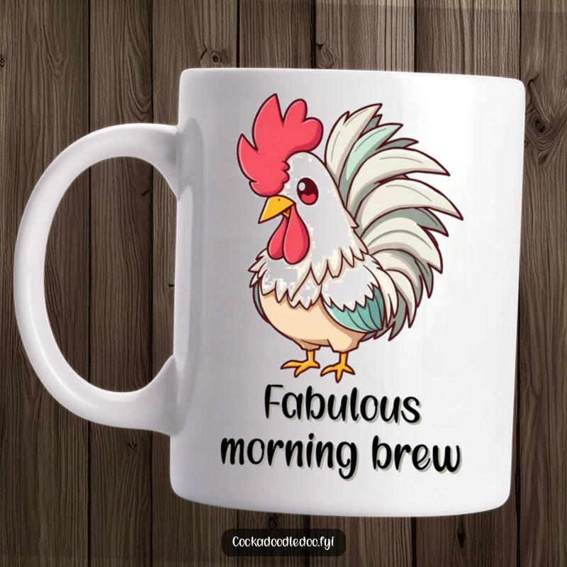 Funny mug featuring a glamorous rooster wearing a feathered boa, looking amused and fabulous, a perfect diva gift.