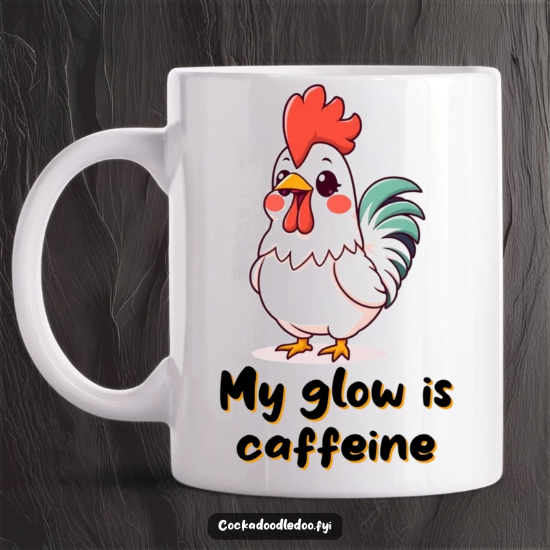 Funny Kawaii Rooster Comb Mug: Cute rooster with a brightly glowing, vibrant comb, radiating excitement and cheerful energy.