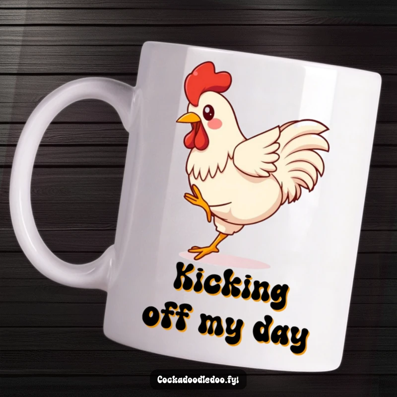 Funny Kawaii Rooster Mug showing a cheerful bird kicking its tiny legs in the air with pure, unadulterated exuberance.