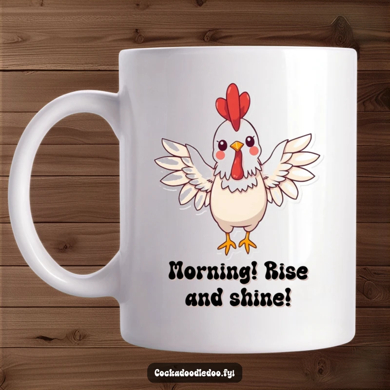 Funny kawaii rooster mug showing a cheerful rooster with wings spread wide, offering a friendly greeting, a funny gift.