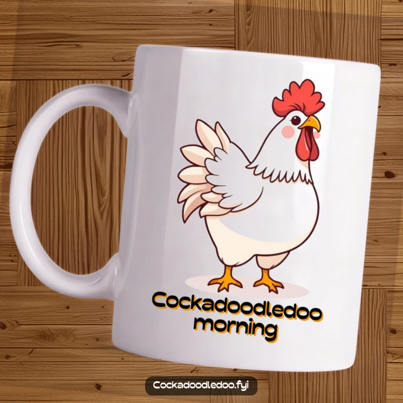 Funny kawaii rooster with chest puffed out, crowing joyfully on a mug, exuding morning cheer.