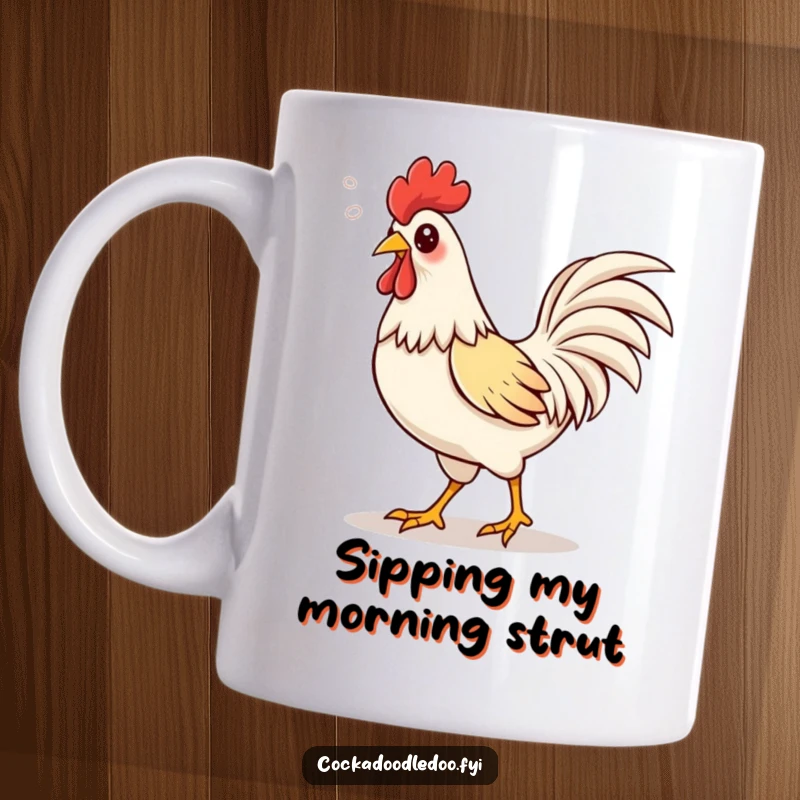 Funny Kawaii rooster mug featuring a cute rooster strutting proudly, with happy puffs of air escaping its beak.