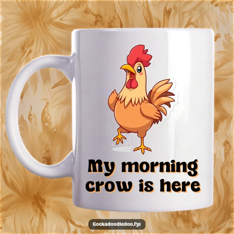 Funny Kawaii Rooster Mug: Adorable cartoon rooster proudly strutting with a joyful, wide-open beak, full of morning energy.
