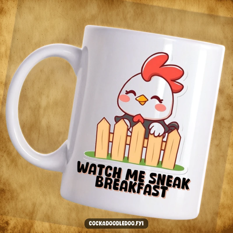 Funny Kawaii Rooster Mug: Mischievous rooster peeking over a fence with a wink, exuding playful humor.