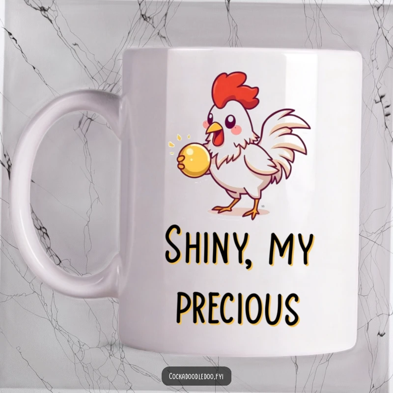 Funny Rooster Mug, energetically pecking at a shiny object, showing focus and determination, perfect for coffee lovers.