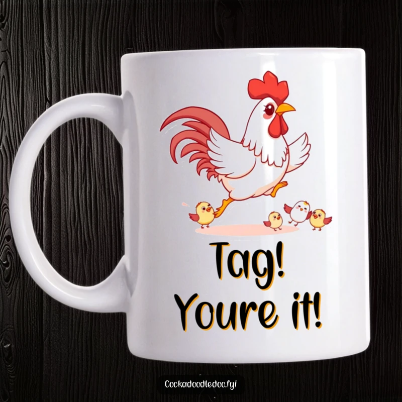 Funny Rooster Mug, playfully chasing smaller birds happily, showing fun and lightheartedness, perfect for coffee.