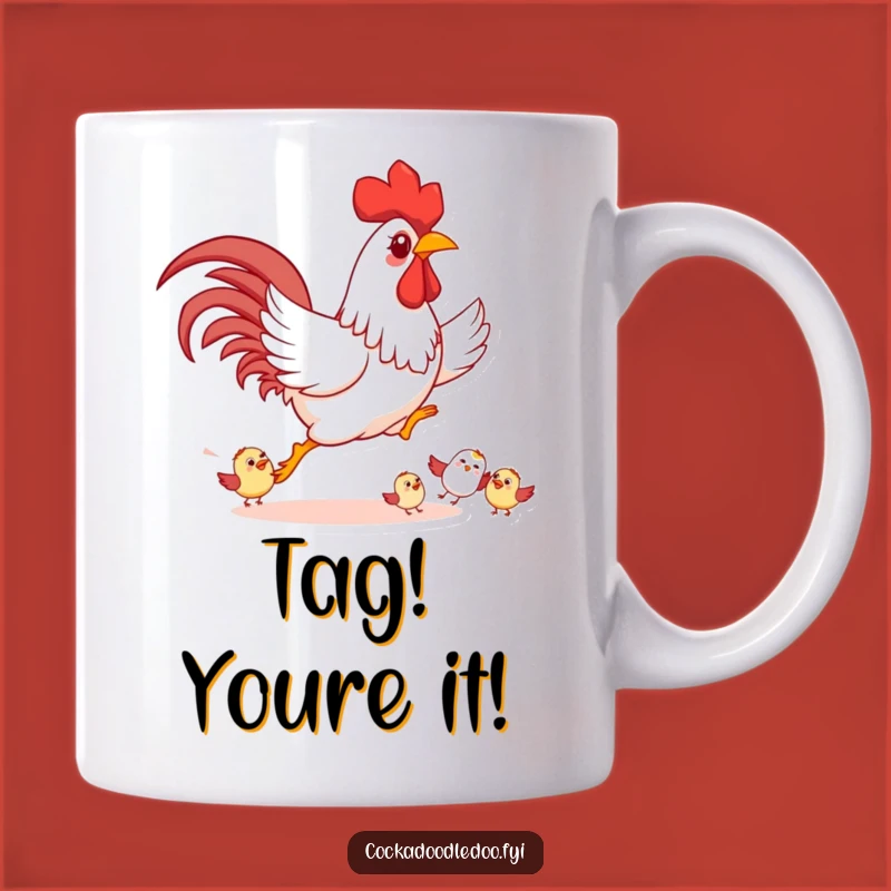 Funny Playful Rooster Mug: Happy Chase Fun, Perfect Humorous Gift