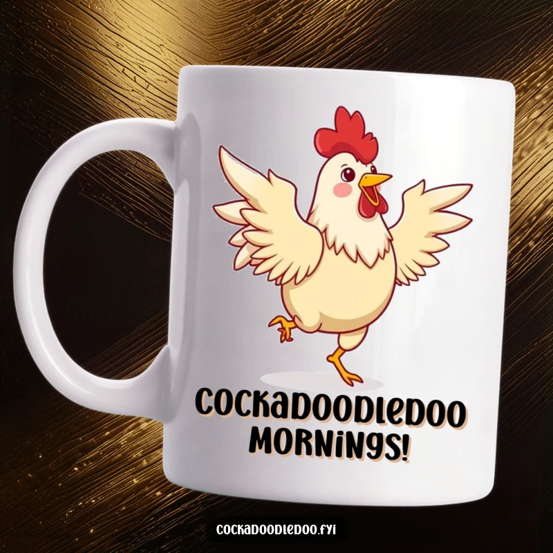 Funny mug featuring a joyful rooster dancing a lively jig with its wings spread, expressing pure exuberance and celebration.