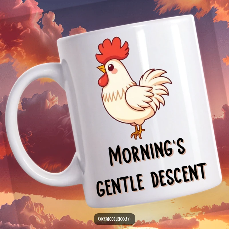 Funny mug showcasing a single, proud rooster feather performing a playful swirl as it floats gently downwards.