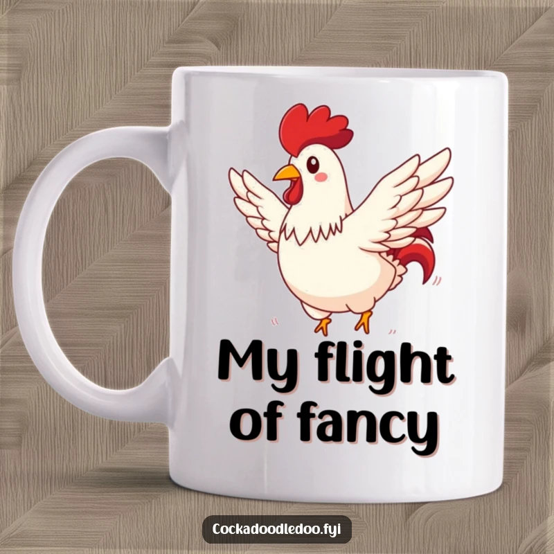 Funny rooster mug of a rooster with wings spread wide, comically soaring through a bright, sunny sky.