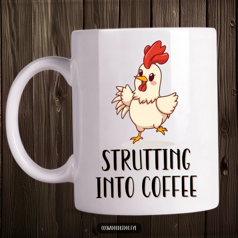 Funny rooster mug featuring a cheerful character rooster with comb held high, performing a joyful strut with a happy expression.