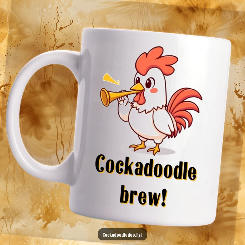 Funny rooster mug featuring a proud kawaii rooster character with an exaggerated stance, enthusiastically blowing a tiny trumpet.
