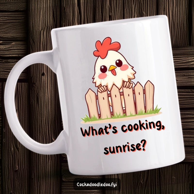 Funny mug featuring an excited rooster peeking over a tiny fence, with wide eyes and a curious expression, ready for adventure.