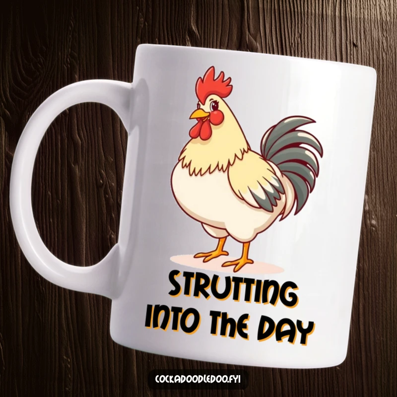 Funny mug featuring a happy rooster strutting proudly with its chest puffed out, radiating confidence and a joyful attitude.