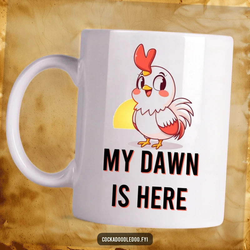 Funny Mug featuring a cheerful rooster with awestruck eyes and a big grin watching the vibrant sunrise, a symbol of morning joy.