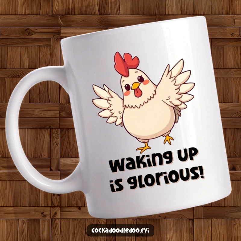 Funny mug: a plump, cute rooster with a cheerful expression joyfully stretching its wings wide. A symbol of morning cheer.