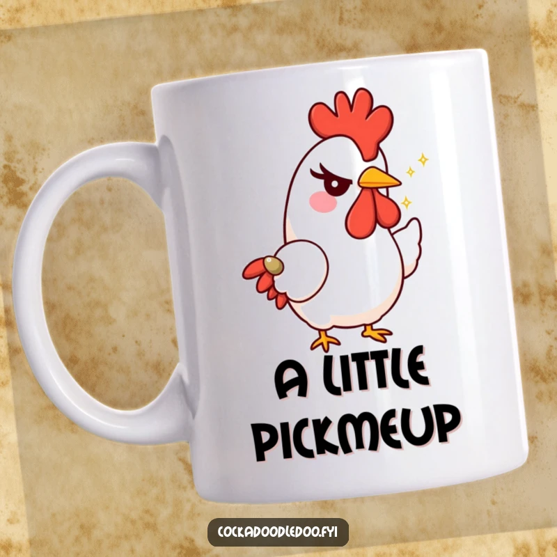 Funny rooster character mug, giving a mischievous wink while offering a tiny, sparkling seed, symbolizing a small, delightful surprise.