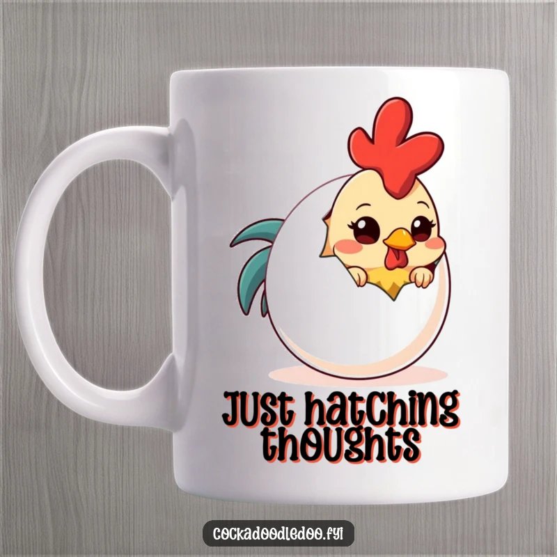 Funny Shy Rooster Egg Mug: A cute rooster peeking shyly from behind a large, comical egg.
