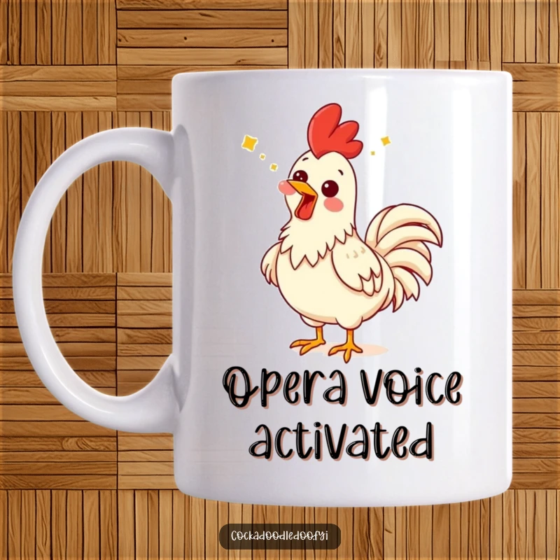 Funny rooster mug showing a rooster with a comical, joyful expression, head thrown back singing loudly.
