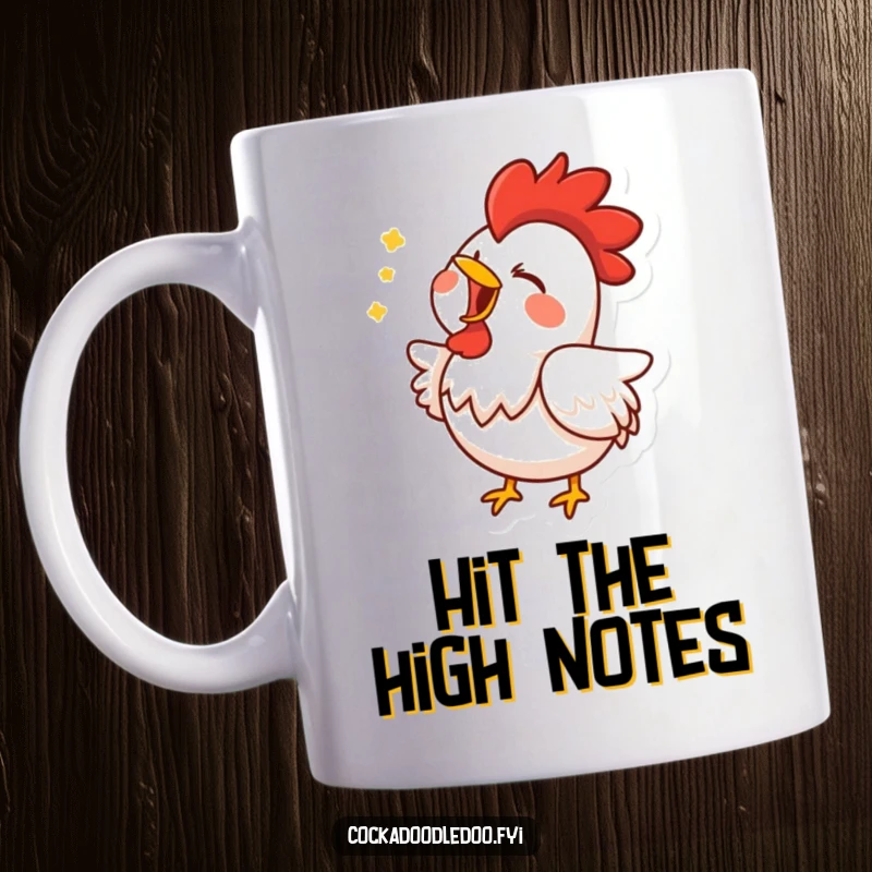Funny mug showing a rooster with closed eyes, beak open, singing its heart out with pure, unadulterated joy.