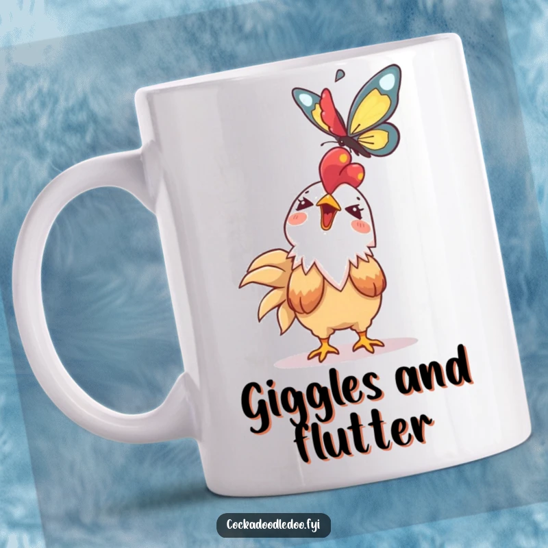 Funny Kawaii rooster mug featuring a giggling character looking up at a soaring butterfly. Whimsical and charming.