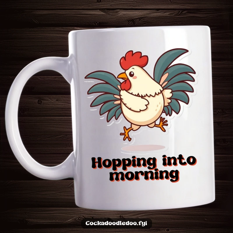 Funny rooster character mug, performing a silly little hop with its vibrant tail feathers fanned out in a joyful display.