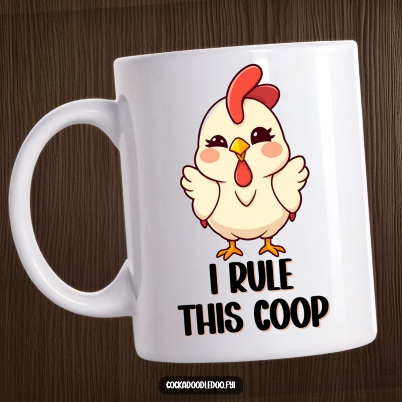 Funny Kawaii Rooster Mug featuring a cute cartoon chicken winking playfully with a cheeky, knowing smile, perfect for farm lovers.