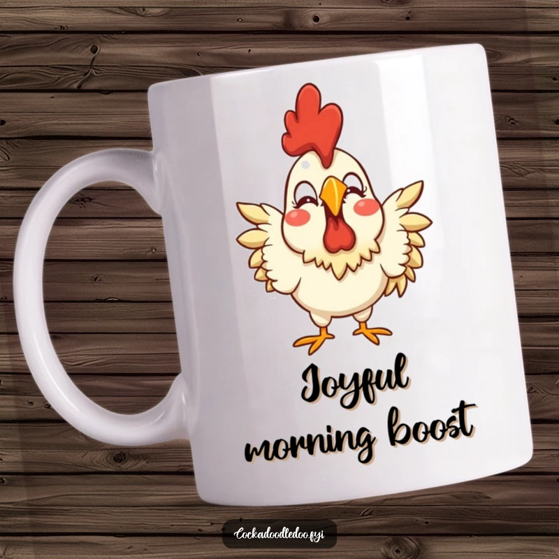 Funny mug with a stylized rooster displaying an exaggerated joyful expression, perfect for spreading cheer and happiness.